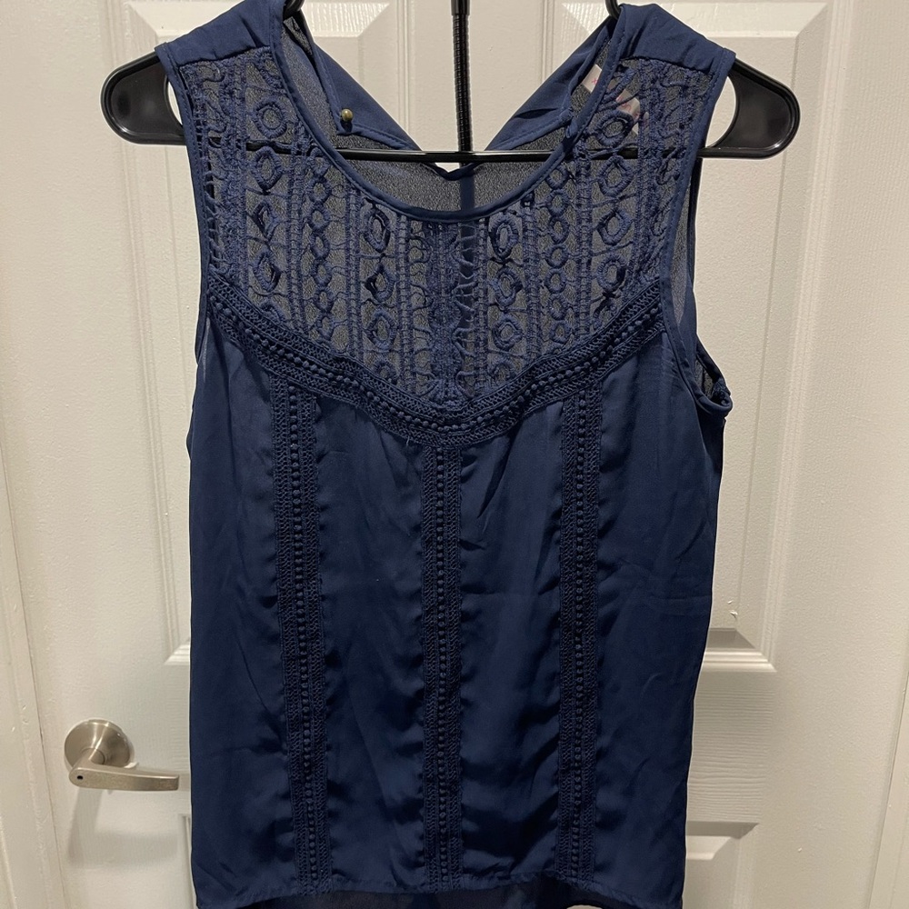🛑 Xhilaration Navy Sleeveless Tank Top with a Lace Yoke and Detailing